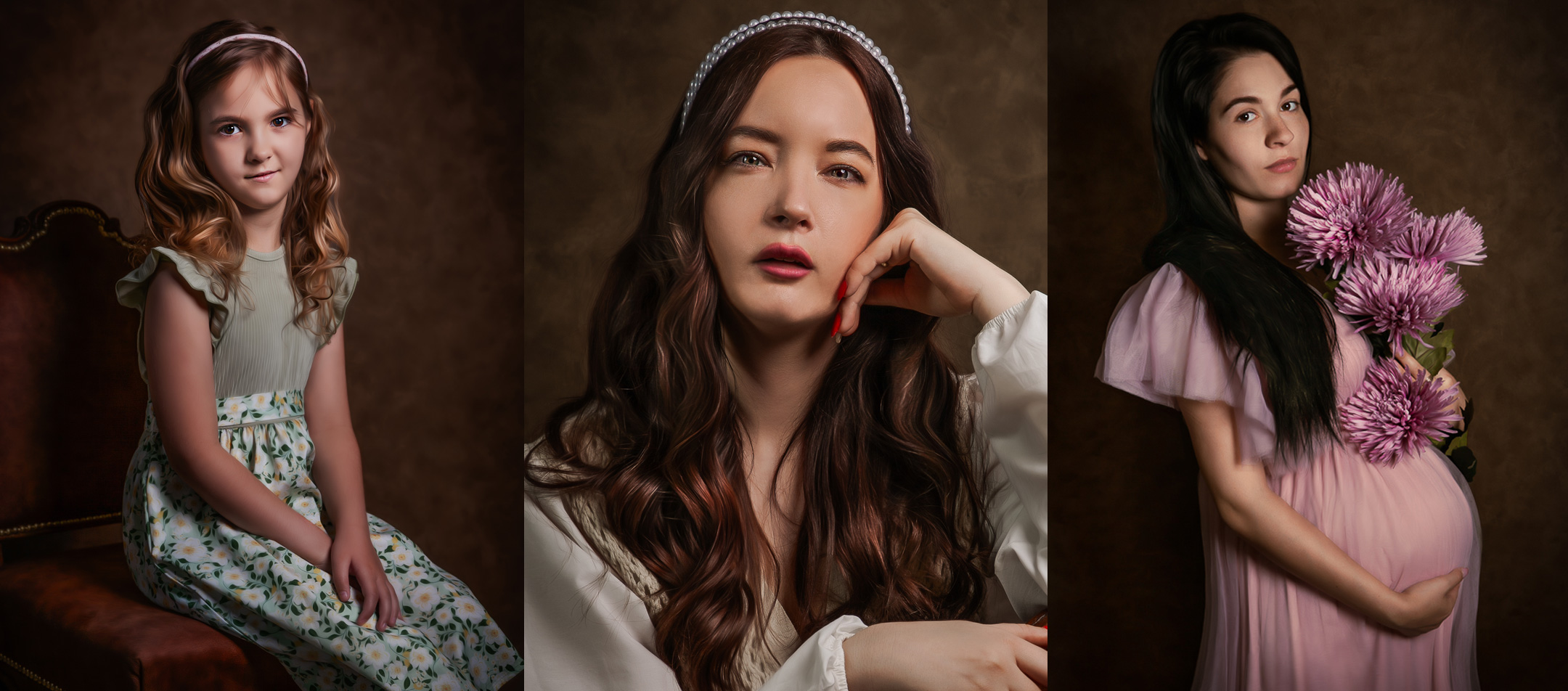 festmény stílusú női portréképek vannak montázsolva, barna háttér előtt, világos ruhában.