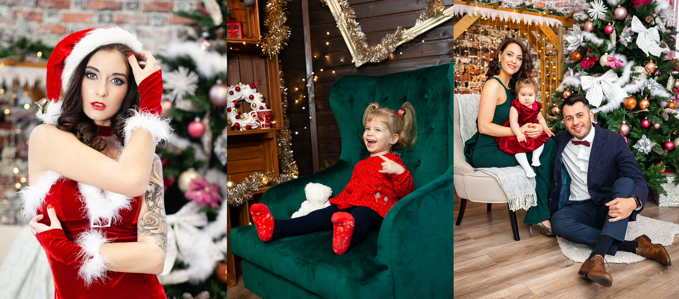 Egy kislány piros ruhában ül egy zöld fotelben, egy mikuláslány pózol piros ruhában és egy szép család ül a karácsonyfa alatt a karácsonyi fotózáson.
