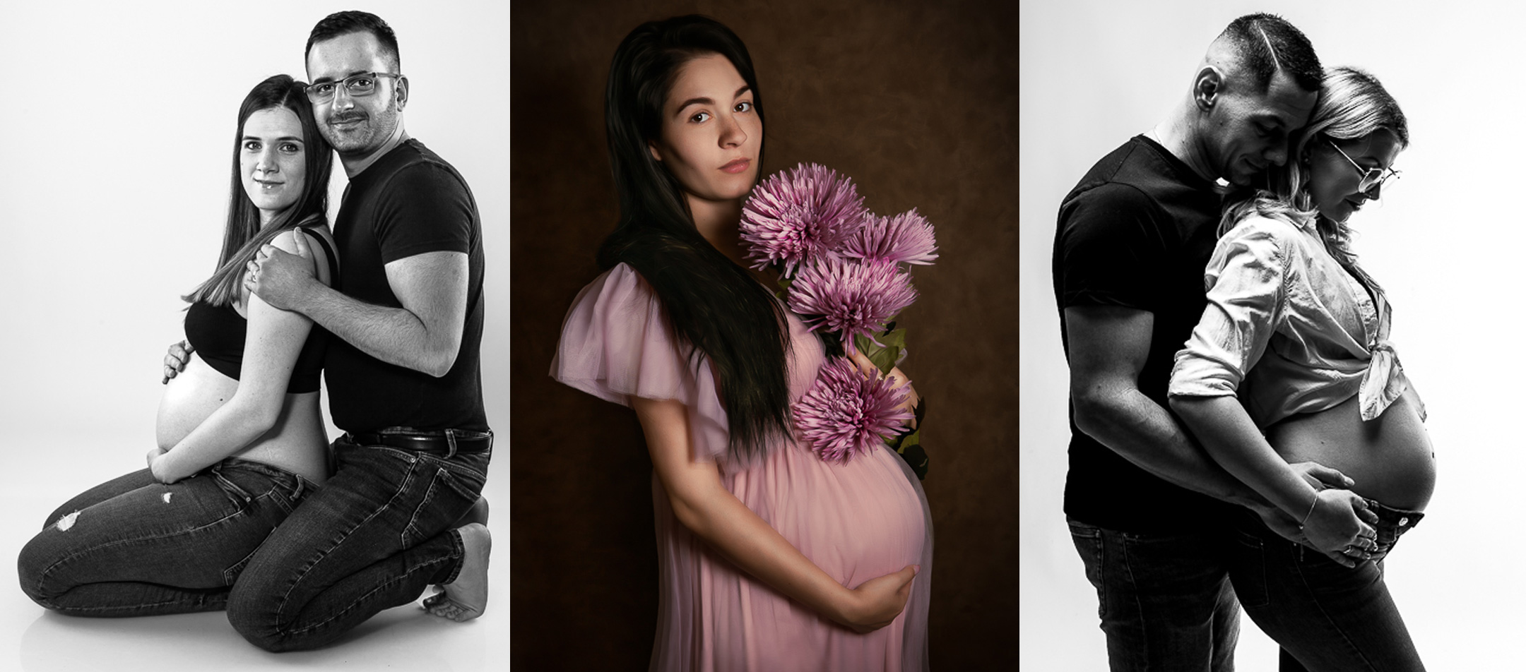 Középen egy fine art kismama kép található festmény stílusban, két szélen pedig fekete-fehér kismama fotózás kép, ahol az apuka átöleli a kismamát.