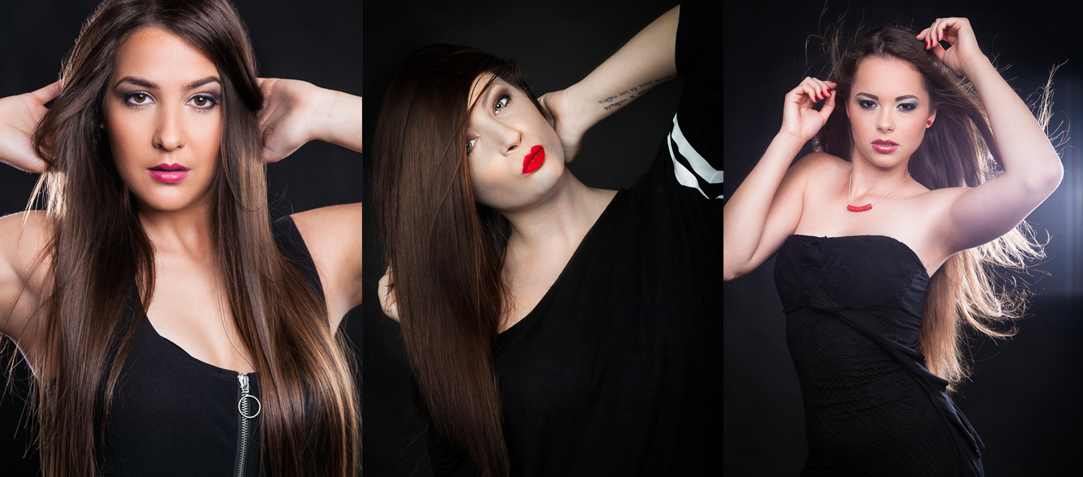 Három modell barna hajú hölgy fekete ruhában női portréfotózáson beauty fények mellett