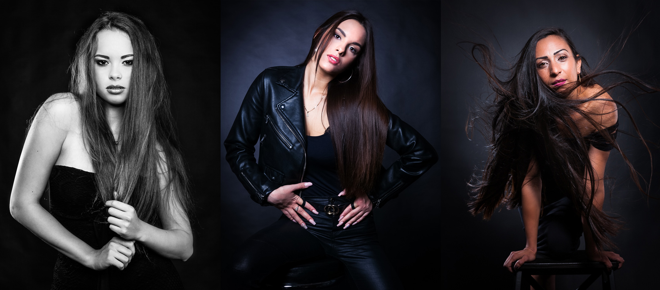 DomiArt fotó stúdió Debrecen a portrespecialista, három hölgy látható a képen, közeli portrék fekete háttérrel.